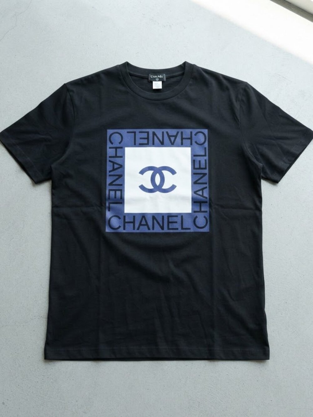 Chanel CC Logo Box Print Black Cotton Short Sleeve T-Shirt S-4XL